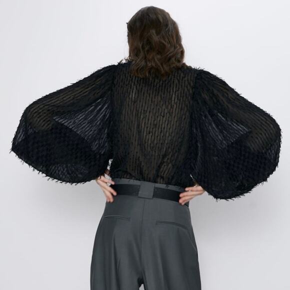 Zara Black Fringe Balloon Sleeve Top Size Small - Picture 9 of 12